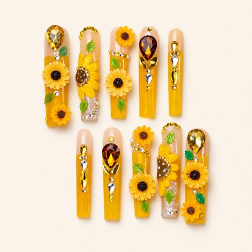 IntoVibes Handmade Long Square Press On Nails, Yellow Sunflower Rhinestone And Leaf Design, 10 Pieces Reusable Acrylic False Nails, Size Large — view 5