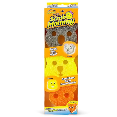 Scrub Mommy Aussie Shapes 3 Pack - Limited Edition Grey Koala, Yellow Quokka, Orange Kangaroo - One Side for Scrubbing, The Other for Mopping Up