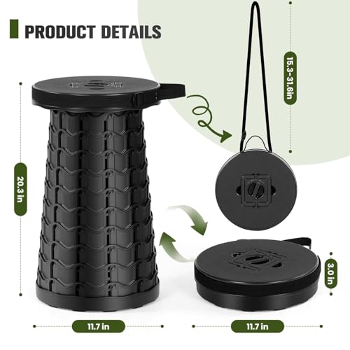 Image of Portable Retractable Stool, Black, Collapsible Round Seat with Carry Strap, 20.3 in Height