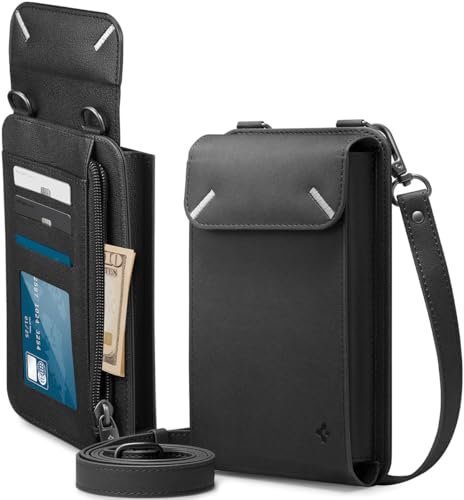 Spigen Valentinus Crossbody Phone Pouch Travel Shoulder Wallet Bag & Card Holder with Strap compatible with all Smartphones up to 6.8 inch - Black