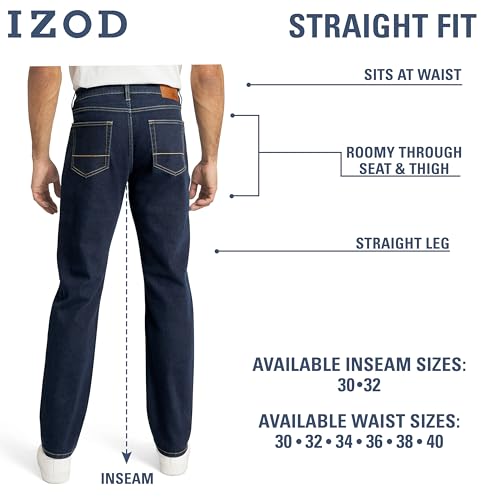 Izod Men's 5 Pocket Straight Fit Stretch Waist Denim Jeans, Rinse Indigo, 38W x 32L