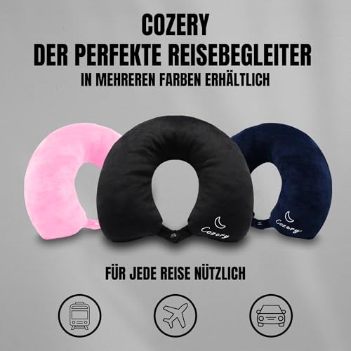 Cozery Reise Nackenkissen - Flugzeug Reisekissen befüllbar mit Kleidung - Waschbares Flug Kissen, Nackenhörnchen - Travel Neck Pillow - Handgepäck sparen, passend für 2 Tage Reisezubehör (Schwarz)