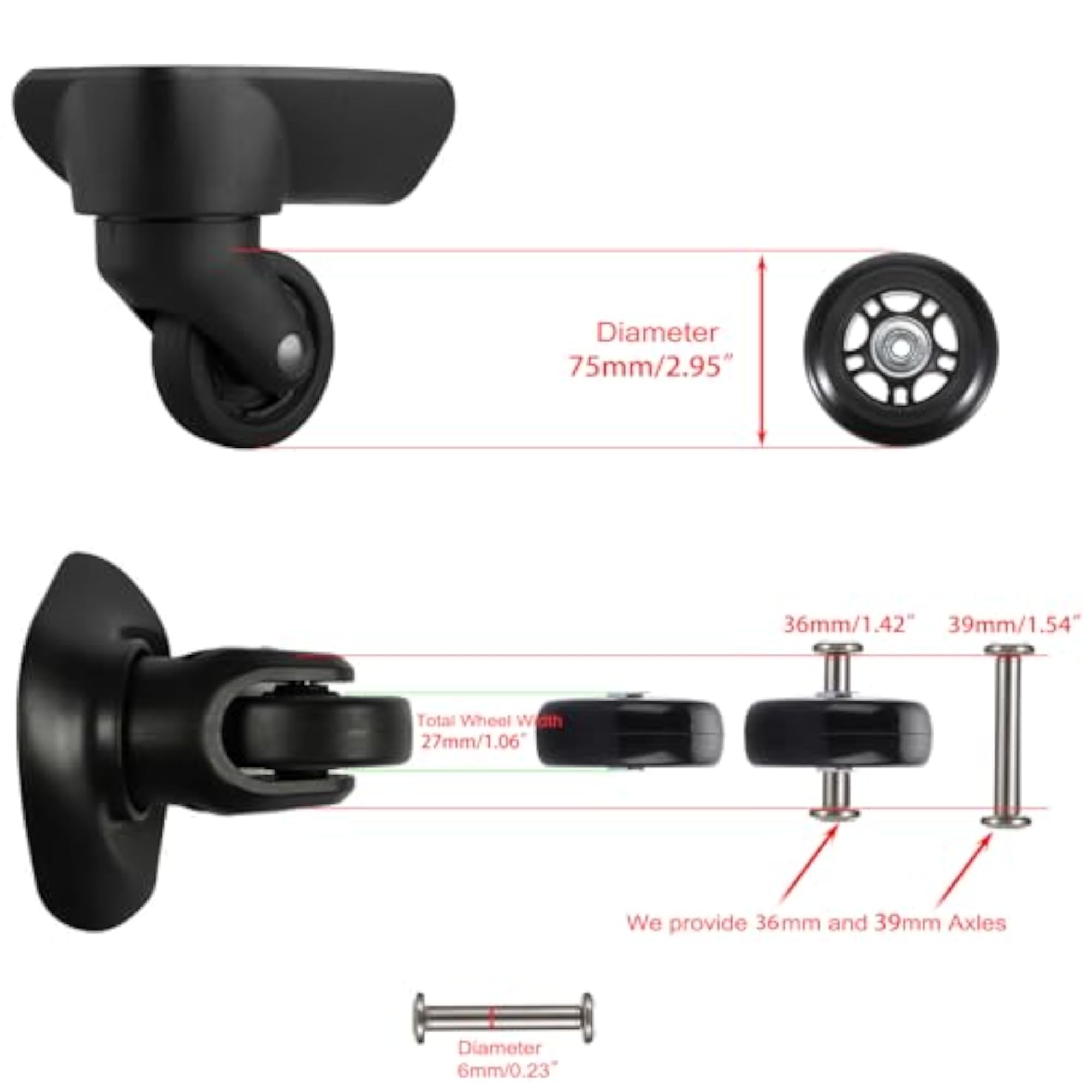 75mm x 24mm Single Luggage Suitcase Replacement Wheels Kit