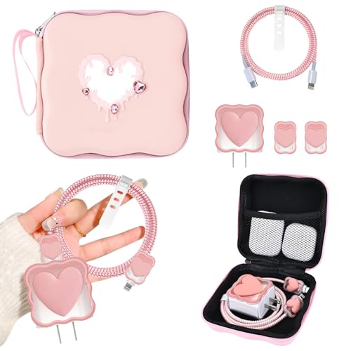 Protector de cable de iPhone y funda para cargador con espejo en forma de corazón