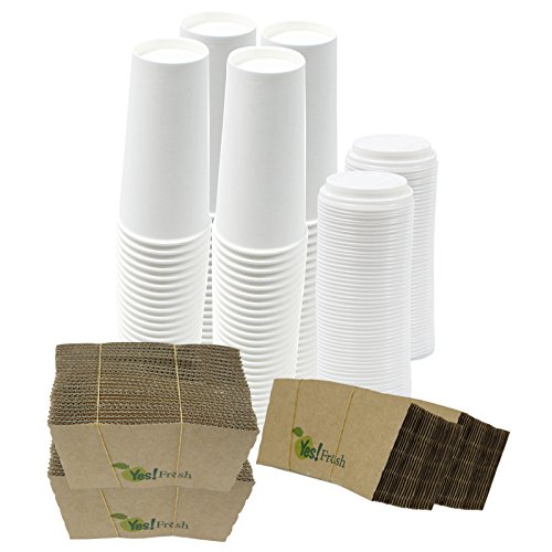 Yes!Fresh Disposable Paper Hot Coffee Cups with Lids for Office Parties Home Travel Corrugated Sleeve Hot Drink Cups(White 20 oz 100 count)