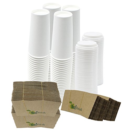 100 Disposable Paper Hot Coffee Cups with 100 Cappuccino Lids and 100 Protective Corrugated Cup Sleeves, White (20 Ounce) by Yes!fresh