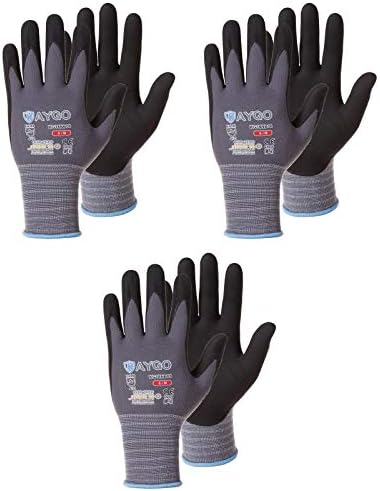 KAYGO Safety Work Gloves MicroFoam Nitrile Coated-3 Pairs, KG18NB,Seamless Knit Nylon Glove with Black Micro-Foam Nitrile Grip,Ideal for General Purpose,Automotive,Home Improvement,large