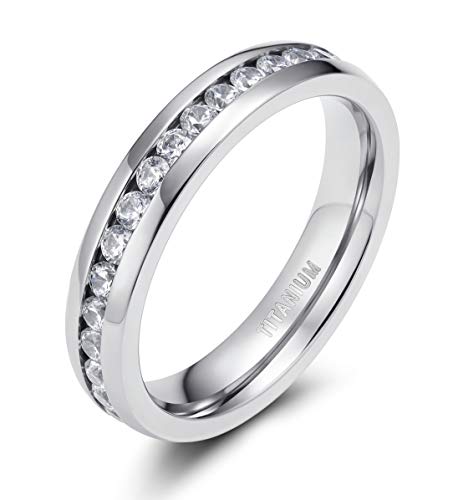 TIGRADE 4mm 6mm Titanium Ring Cubic Zirconia Engagement Ring Wedding Band Size 3.5 to 13, 4MM, Size 7.5