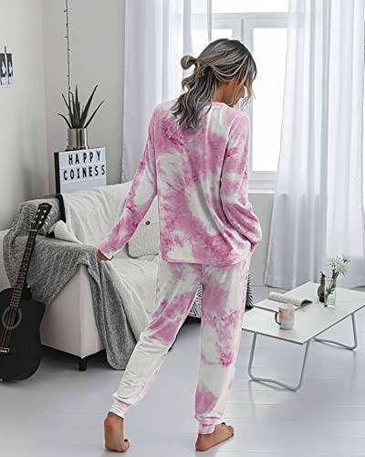 Prettygarden Women's Tie Dye Two Piece Pajamas Set Casual Long Sleeve Sweatshirt With Long Pants Loungewear (Pink,Medium) #TOP4