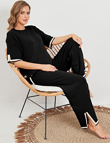 Tanming Conjunto de suéter feminino de 2 peças, pulôver de malha de manga curta, calça larga, Preto,