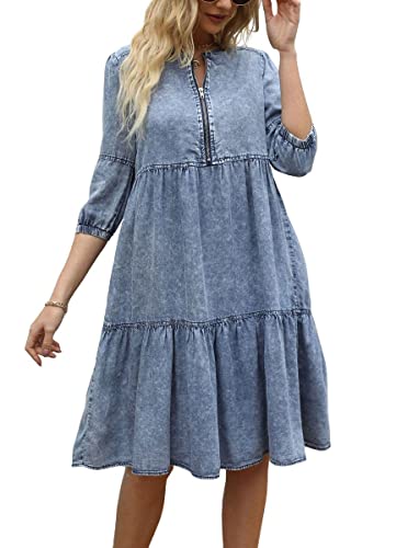 chouyatou Women's Vintage Washed Loose Fit 3/4 Sleeve Tiered Babydoll Mini Denim Jean Dress