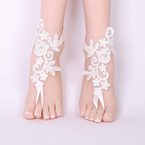 SlenyuBridal Lace Anklets Barefoot Sandals Beach Wedding Bridal Anklet Prom Party Bellydance Accessories (Ivory One) - Image 3