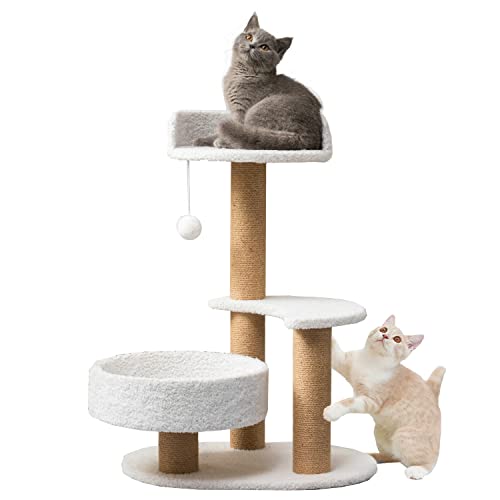 JAMBOS Moderner Mond Katzenbaum 66CM | Kratzbaum Grosse Katzen Stabil,Katzenkorb,Katzenhaus,Katzenkratzbaum | Katzenbaum klein | Katzenkratzbaum Für Draußen,Katzenturm,Katzen zubehör Wohnung (Weiß) Cover