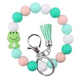 Phamines Animals Beaded Silicone Bracelet Wristlet Keychain, Cat Dog Elephant Lamb Tiger Penguin Koala Frog Bangle Keyring for Women (Frog)