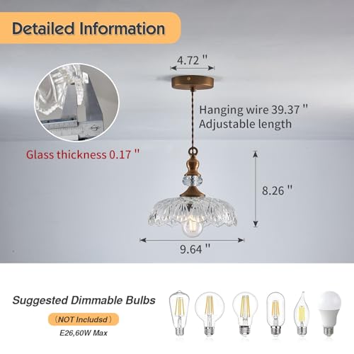 Image of CVKASH Vintage Glass Pendant Light Fixture 3-Pack Brass Modern Adjustable Chandelier Farmhouse Hanging Ceiling Light for Hallway Porch Kitchen Bedroom Coffee Shop Dining Room