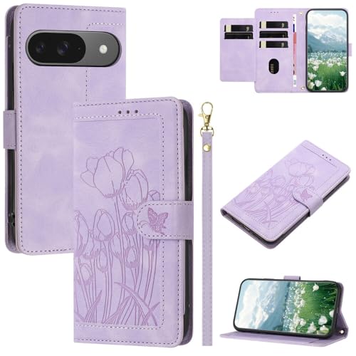 Étui Google Pixel 8A motif papillon en cuir violet avec fentes pour cartes et support vidéo