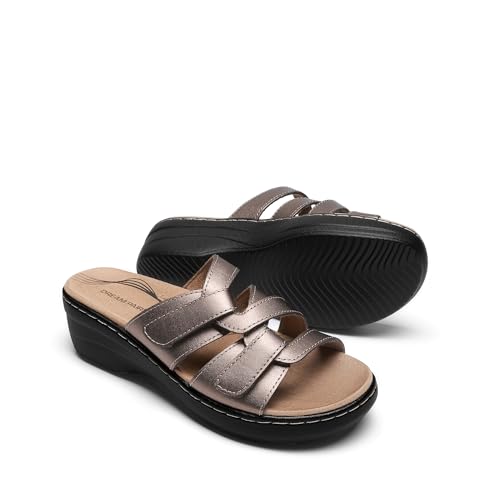 Image of DREAM PAIRS Women Arch Support Slide Sandals Adjustable Straps Slip On Wedge Sandals Casual Comfort Lightweight Flat Slides