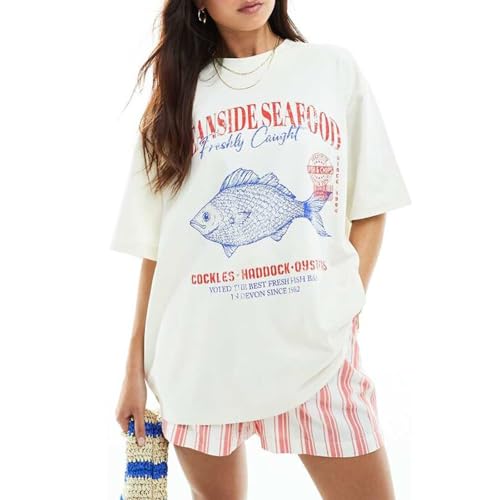Women Cute Graphic Oversized Tees Fish Lobster Printed Y2K Baggy T Shirts Teen Girls Preppy Vintage Aesthetic Summer Tops