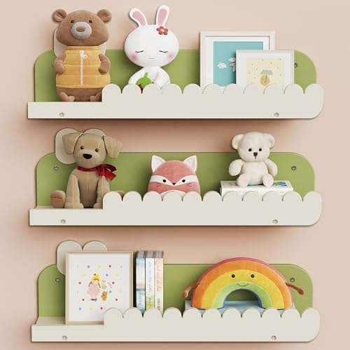Image of TomVista Nursery Floating Shelves, 16.5 Inches Cute Decorative Shelf for Bedroom, Kids' Room, Wall Mounted Wood Bookshelf Organizer for Wall Storage, White/Avocado, Set of 3