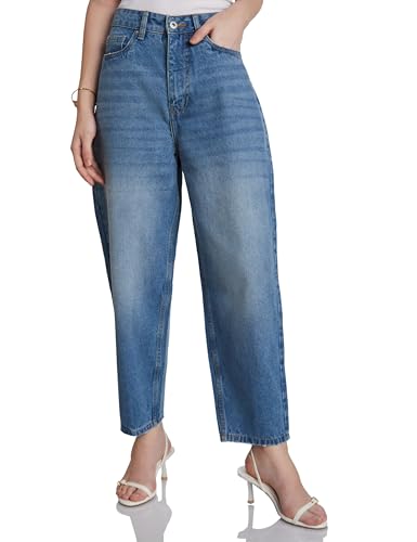 Image of Amazon Brand - Symbol Women's Barrel Fit Denim Jeans | Tapered Balloon | High Rise | Ankle Length (Available in Plus Sizes)