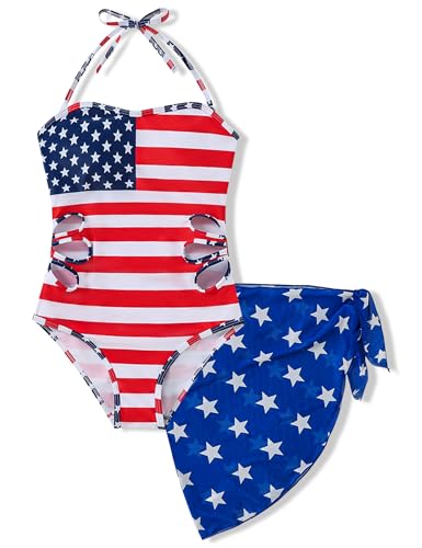 Image of 7-16 Years Girls Swimsuit 2PCS Adjustable Straps Cut Out One Piece Bathing Suit with Solid Color Cover Up Skirt