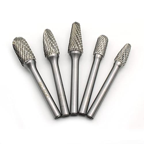 Temo 5 Pc Set Double Cut Carbide Rotary Burr File Tool, 1/2 Inch And 3/8 Inch Heads, 1/4 Inch Diameter 2 Inch Long Shank #TOP18