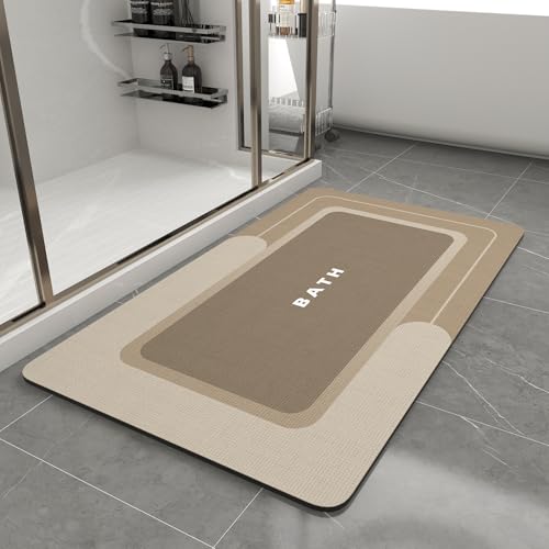 Image of MontVoo Bath Mat-Bath Mat Rug Non Slip Super Absorbent Stain Resistant Quick Dry Thin Bathroom Rug-Bath Mats for Bathroom Floor Bathtub Vanity-Bathmat Bath Rug Easy Care-17 inchx35 inch,Beige
