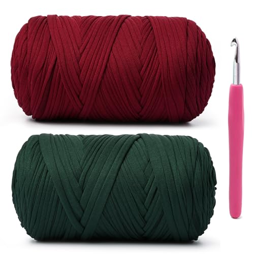 Image of 2 Pack Soft Tshirt Crochet Yarn, 800g /228yds High Elastic Hand Knitting Yarns, Thick T Shirt Yarn for Crocheting Bags, Baskets, Cushions, DIY Crafts(Burgundy + Dark Green