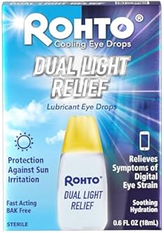 Rohto Dual Light Relief Cooling Lubricant Eye Drops, Protect Against Sun Irritation & Digital Eye Strain, Fast-Acting Relief of Dry Eyes, Irritation, Grittiness, Burning & Stinging, 0.6 fl oz