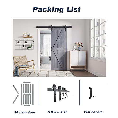 Image of FREDBECK 30x84 Barn Door Solid Wood with Hardware Included,K-Frame,Grey