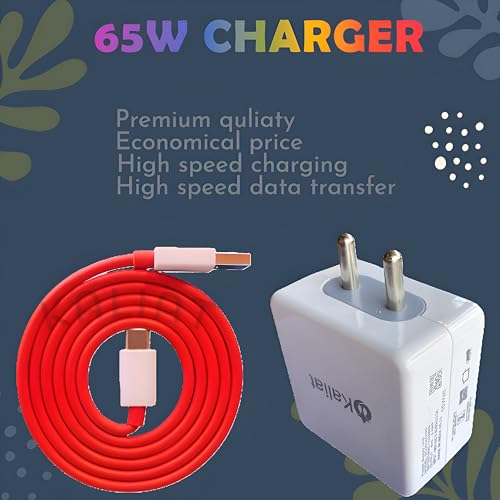 Image of KALIAT 65 Watt Fast Charger with USB Type C Cable Combo Compatible with Samsung, OnePlus 11 /11R /10 /10 Pro, Realme, redmi, Oppo Mobile, Dash, Warp, Vooc, Supervooc & Other Type C Charging Adapter white