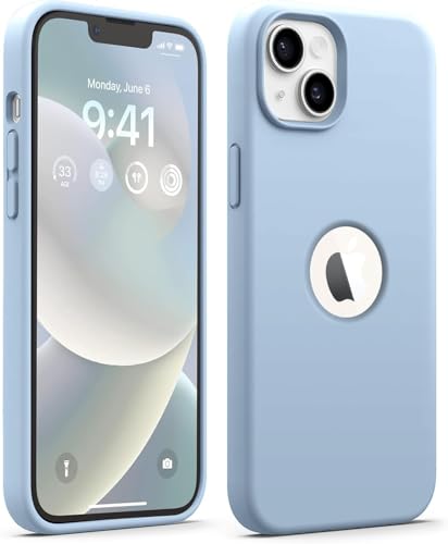 Image of Elzzi Microfiber Logo Cut Compatible for iPhone 13 Case Liquid Silicone Cases Non-Slip Full Body 4 Layer Protectives Shockproof Back with High Raised Camera Lips (6.1 inch, Ice Blue)