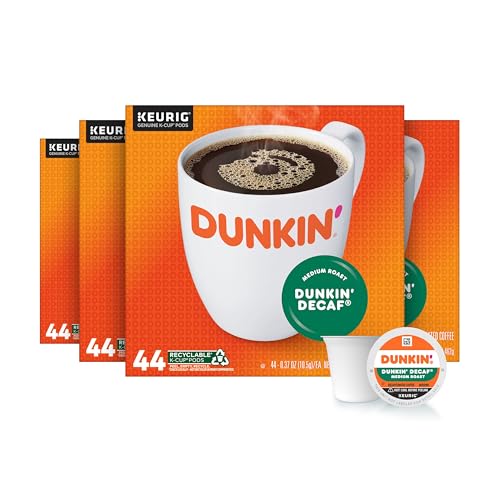 Dunkin' Decaf Coffee Medium Roast Keurig K-Cup Pods 44 Count Pack of 4 - 176 Total Pods for Rich Smooth Decaf at Home or Office