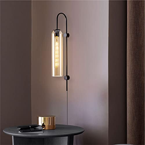 Bokt Modern 1-Light Wall Sconce Lighting Plug In Farmhouse Matte Black Glass Wall Mounted Light Plug In Cord Industrial Indoor Long Wall Sconce Vintage Bedroom Wall Lamp (Amber) #TOP4