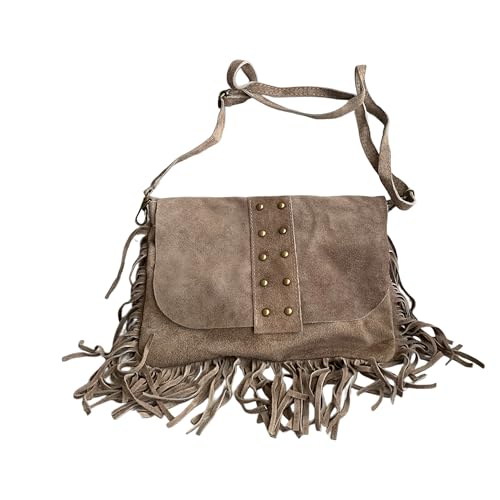 Bolso bandolera con flecos y tachuelas de ante...