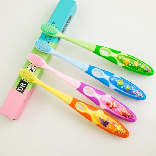 DR PERFECT Kids Toothbrush for 3-12 Years Old Children Manual Toothbrush Soft Bristles Colorful 4 Pieces One Pack