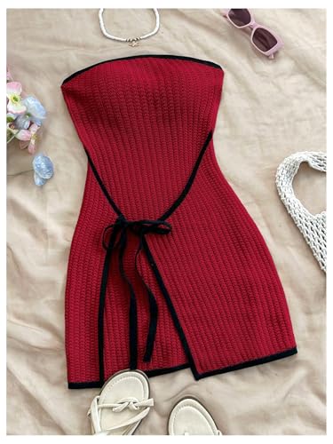 Image of MakeMeChic Women's Knitted Strapless Sweater Dress | Wrap Tie Front, Party, Mini, Tube