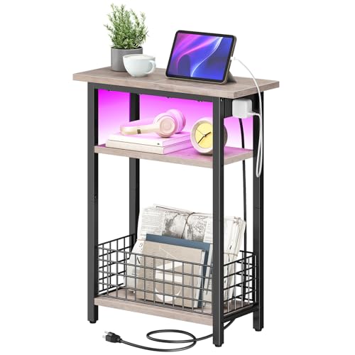 HOOBRO Narrow Side Table with Charging Station and LED Light,