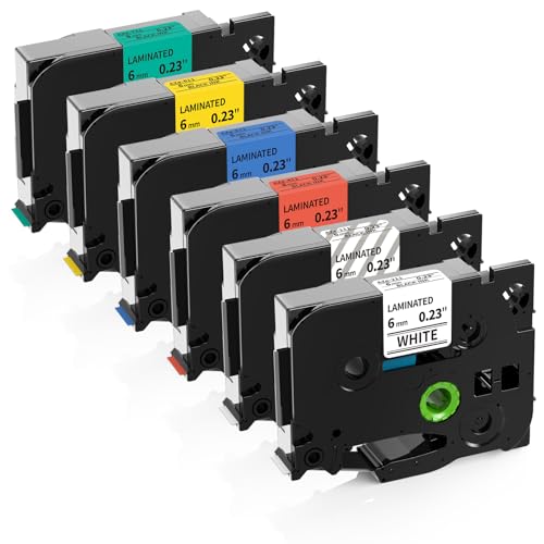 Compatible with Brother TZe Tape 6mm .23'' Laminated TZe-211/111/411/511/611/711 P-Touch Label Tape 6mm for Brother Label Maker PTD220 PTD210 PTH110, Black on White/Clear/Red/Yellow/Blue/Green, 6 PK