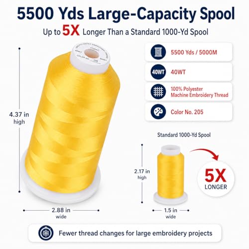 Image of Simthread Embroidery Thread 5500 Yards Harvest Gold 206, 40wt Polyester for Brother, Babylock, Janome, Singer, Pfaff, Husqvarna, Bernina Machine | 5000M 40WT polyester thread feeds smoothly for home or commercial embroidery projects.