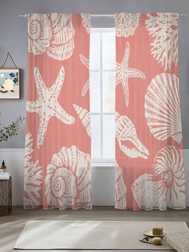 Semi Sheer Curtains 2 Panels 96 inches Long, Summer Seashell