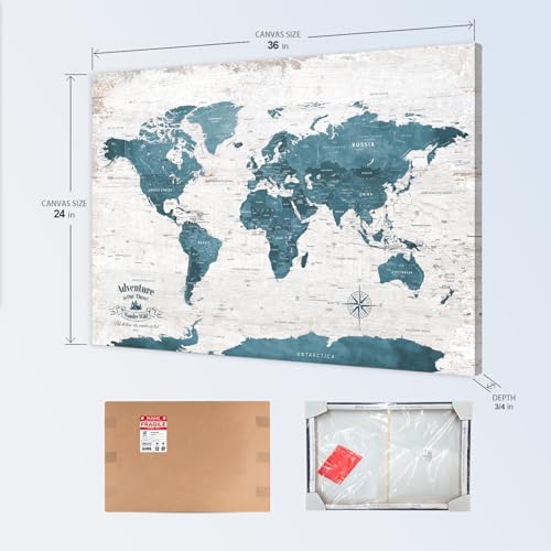 Image of IPIC - Antique Blue World Travel Map, Pin Board Canvas Wall Art, Travel Map with Pins Included, Ready to Hang for Home or Office, 36x24 Inch