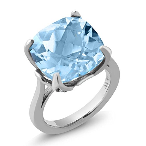Gem Stone King 9.18 Cttw Sky Blue Topaz Engagement Ring For Women | 925 Sterling Silver | 14MM Cushion Checkerboard | Gemstone Birthstone | Available in Size 5,6,7,8,9