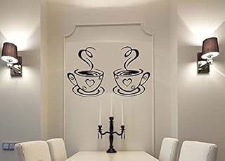 2 Black Coffee Cups Wall Art Stickers Vinyl Coffee Sticker Decal Decoration for Kitchen Cafe Restaurant DIY