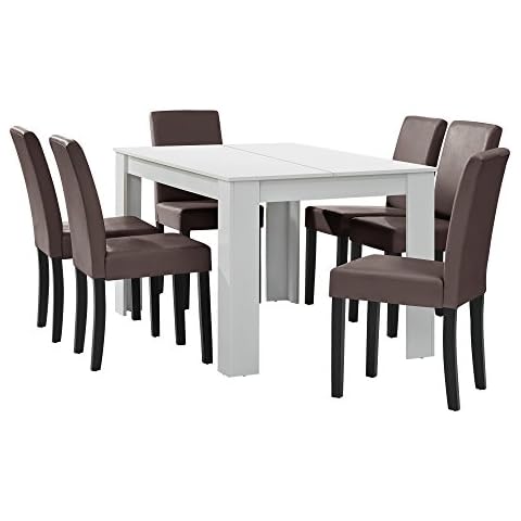 Esstisch weiß matt mit 6 Stühlen braun Kunstleder gepolstert 140x90 Essgruppe Esszimmer Cover