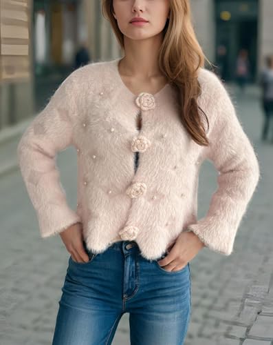 Women's Mohair Sweater – Fuzzy Mohair Cardigan Pearl Soft Chunky Button-Up Fuzzy Sweater for Women2