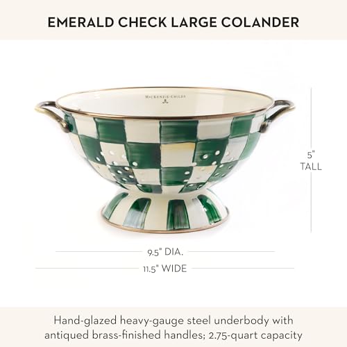Image of MACKENZIE-CHILDS Enamel Colander, Decorative Kitchen Strainer, Large, Green-and-White Emerald Check