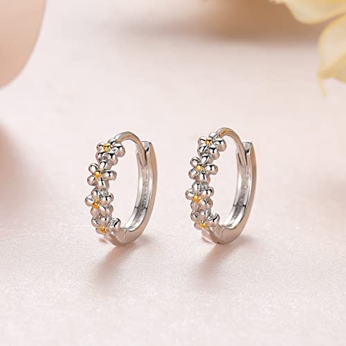 Small Hoop Earrings For Women Girls |925 Sterling Silver Post 10Mm Flower Cluster Huggie Hoop Earrings, Hypoallergenic Cartilage Piercing Hoops Jewelry, Two Tones #TOP5