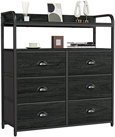 Furologee Dresser 6 Drawers with Double Shelf, Tall Storage Organizer Unit for Bedroom/Living Room/Entryway, Fabric Bins, Wooden Top Oak Black