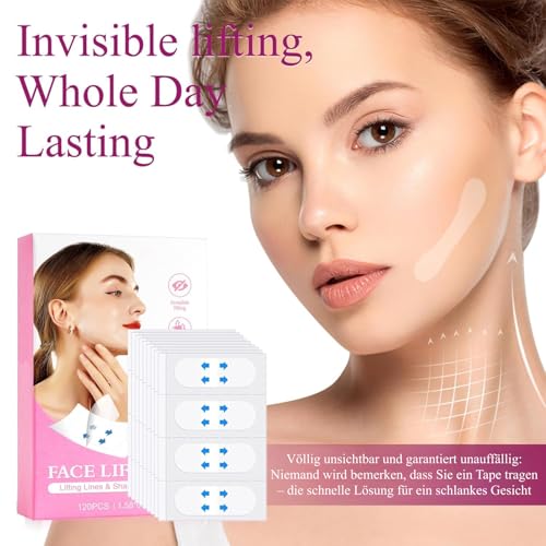 120 Stück Face Lifting Tape, Face Tape Unsichtbar, Anti Falten Pflaster Gesicht für Sofortigen Lifting Effekt, V Shape Lifting Straps, Gesichtstape für Stirn, Wangen & Kinn, Wrinkle Patches für Damen